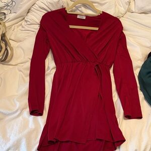 Tobi Red Long-Sleeve Wrap Tunic Dress